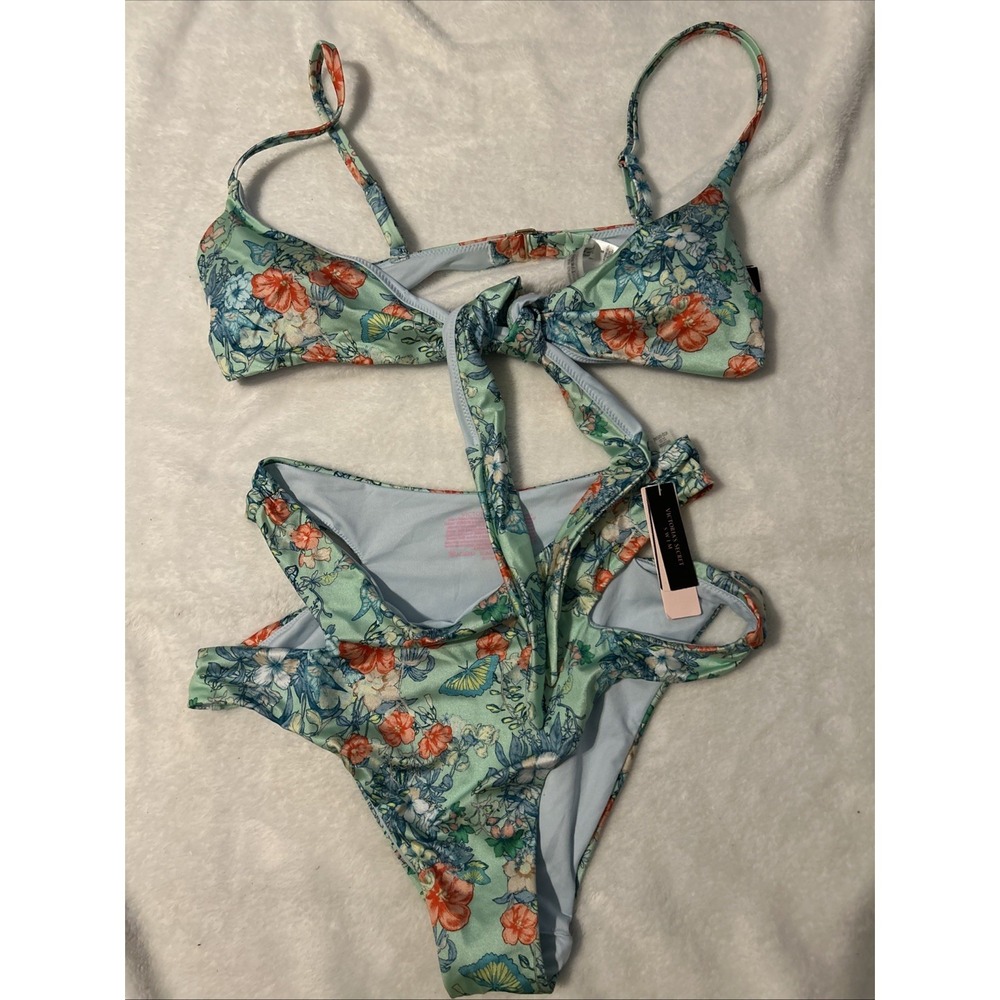 Victoria's Secret Teal Floral Bikini High Waist Bottoms M  And Top  Is S‎